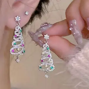 1 Pair Christmas Themed Colorful Christmas Tree & Tassel Drop Earrings, Hollow Out Long Stylish Earrings, Shiny Star Decor, Christmas Gift