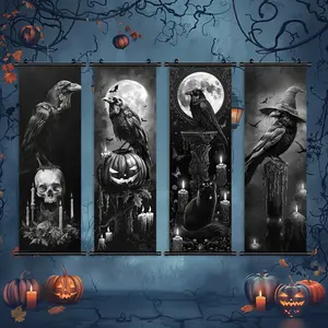 4 Counts Halloween Hanging Banner, Dark Crow - Themed Posters, Halloween Poster Decoration, Horror Theme, High-Definition Print For Home Decor, Fashion For Living Room & Bedroom, Wall Decor, Waterproof Art, Party Decorations Banners