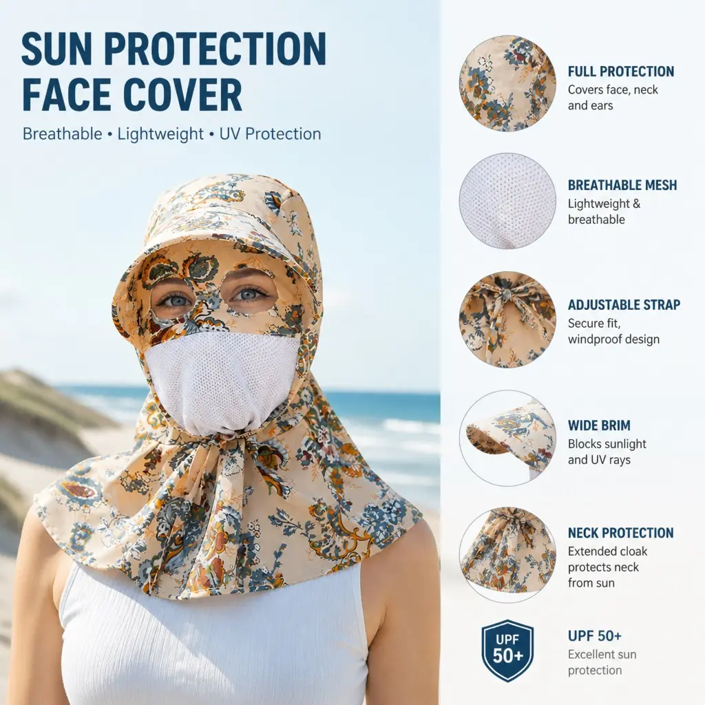 Women Full Face Neck Sun Protection Hat, UPF 50+ Wide Brim Sun Hat with Neck Flap & Breathable Face Cover, Floral Print Lightweight Outdoor Head Cover, Anti‑Mosquito All‑Round Head Protection, Ideal Gift Choice for Hiking Gardening Beach Camping