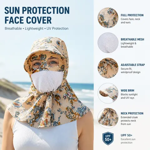 Women Full Face Neck Sun Protection Hat, UPF 50+ Wide Brim Sun Hat with Neck Flap & Breathable Face Cover, Floral Print Lightweight Outdoor Head Cover, Anti‑Mosquito All‑Round Head Protection, Ideal Gift Choice for Hiking Gardening Beach Camping
