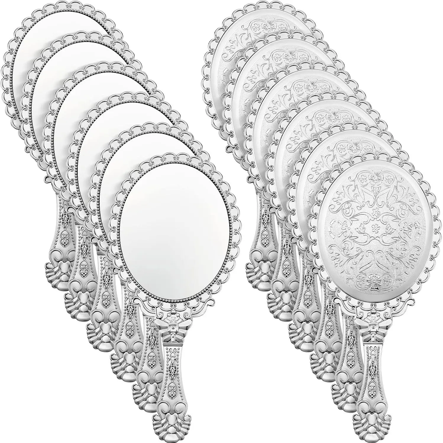 Qunclay 12 Pcs Vintage Silver Handheld Mirrors, Baroque Embossed Compact Makeup Mirror with Handle for Ice and Snow Themed Princess Party Favors, Weddings, Bridal Showers, Birthday Gifts, Travel