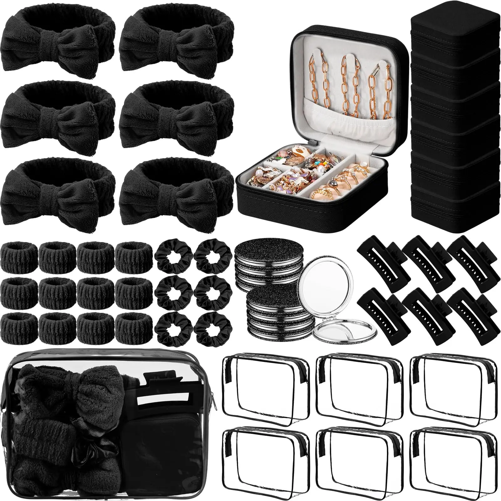 Women's Satin-Velvet Hair Accessory & Fashion Set - Waterproof Spa Sleepover Party Favors (Pink, Black) - Bow Headband, Wristband, Scrunchies, Hair Clip, Jewelry Case, Makeup Bag, Mirror - 48 Pcs Perfect Gift Bundle for Bridesmaids