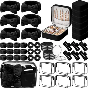 Spa Party Favors Pink Sleepover Party Supplies Bow Headband Wristband Scrunchies Hair Clip Jewelry Case Makeup Bag Mirror for Women Bridesmaid Return Gifts(Black,48 Pcs)