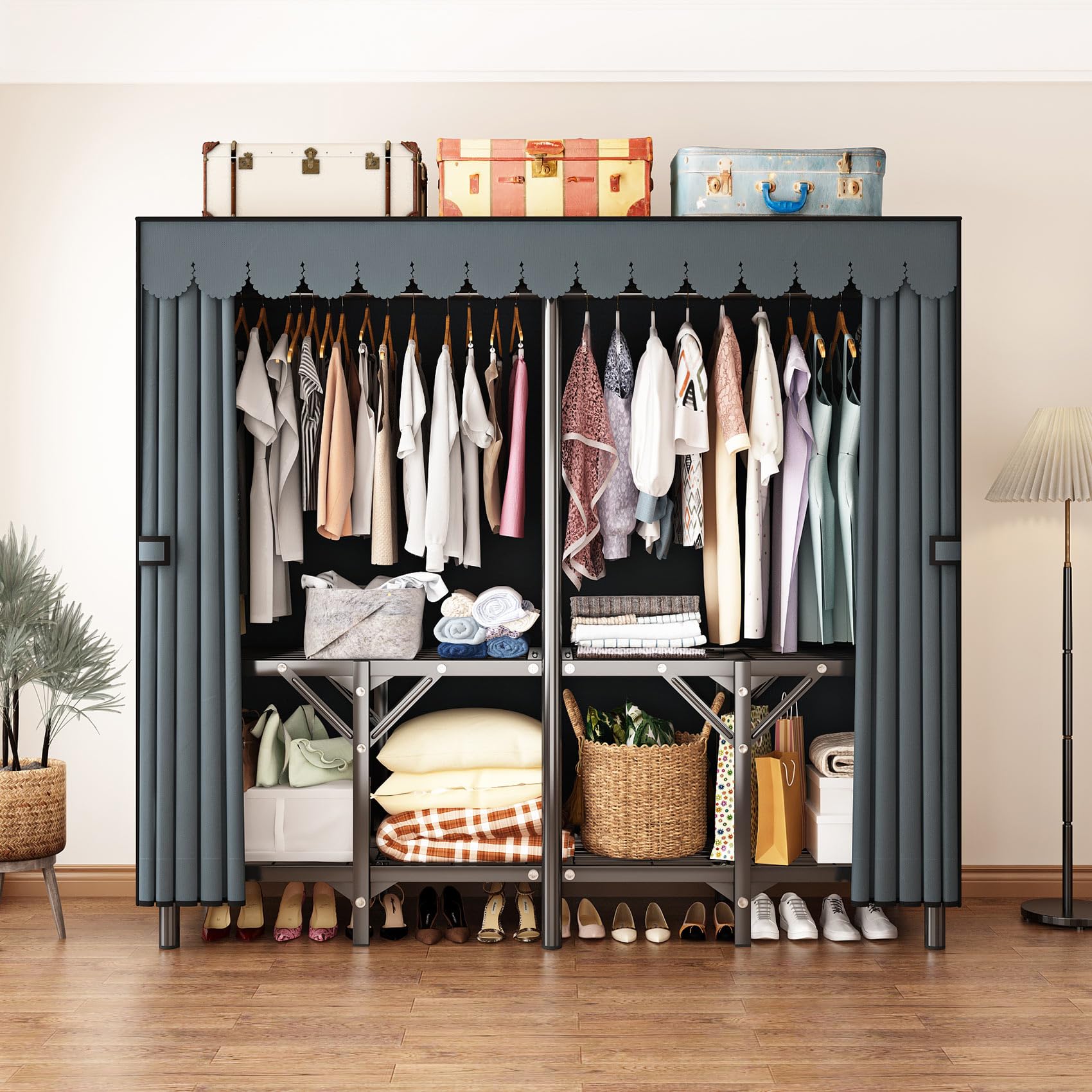 Easy Setup Foldable Portable Closet Wardrobe Gray Non-Woven 150cm Length with 22mm Black Steel Pipe, Large Capacity Sturdy Storage for Bedroom & Dorm