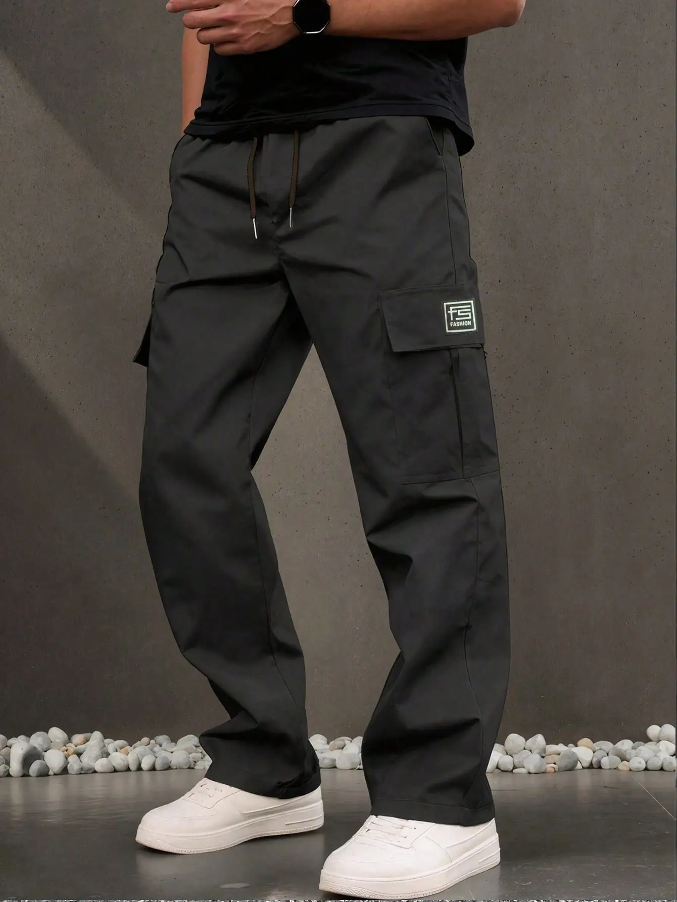 Men's Casual Cargo Trouser - Menswear, Loose Fit Moves With Your Day, Straight-Leg, Elastic Waistband, Solid Color, Single-Side Embroidered Logo, Long-Length Men's Pants, Plain, Pocket, Elastic Waistband Moves As You Do
