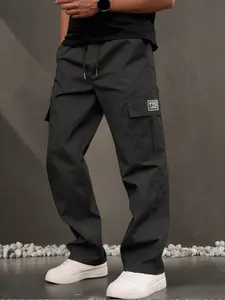 Men’s fashion cargo pants, straight-leg cut, elastic waistband, loose fit, solid color, single side embroidered logo, long length pants
