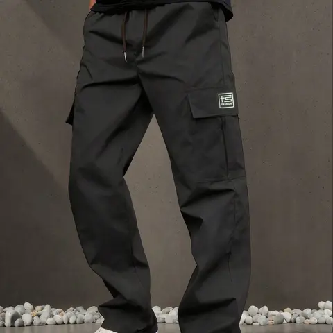 Men's H-Type Casual Woven Cargo Pants - Loose Fit, Straight-Leg, Elastic Waistband, Solid Color, Single-Side Embroidered Logo, Long-Length Menswear Bottoms