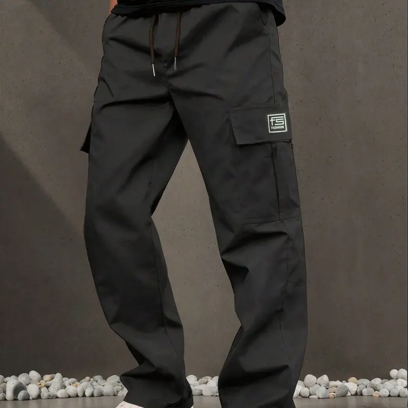 Men's H-Type Casual Woven Cargo Pants - Loose Fit, Straight-Leg, Elastic Waistband, Solid Color, Single-Side Embroidered Logo, Long-Length Menswear Bottoms