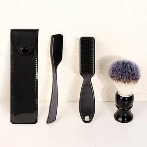 Men's Beard Styling Kit, 4 Counts/set Professional Manual Shaving Tool Set, Razor & Brush & Beard Foam Brush& Leather Case, for Men's Grooming