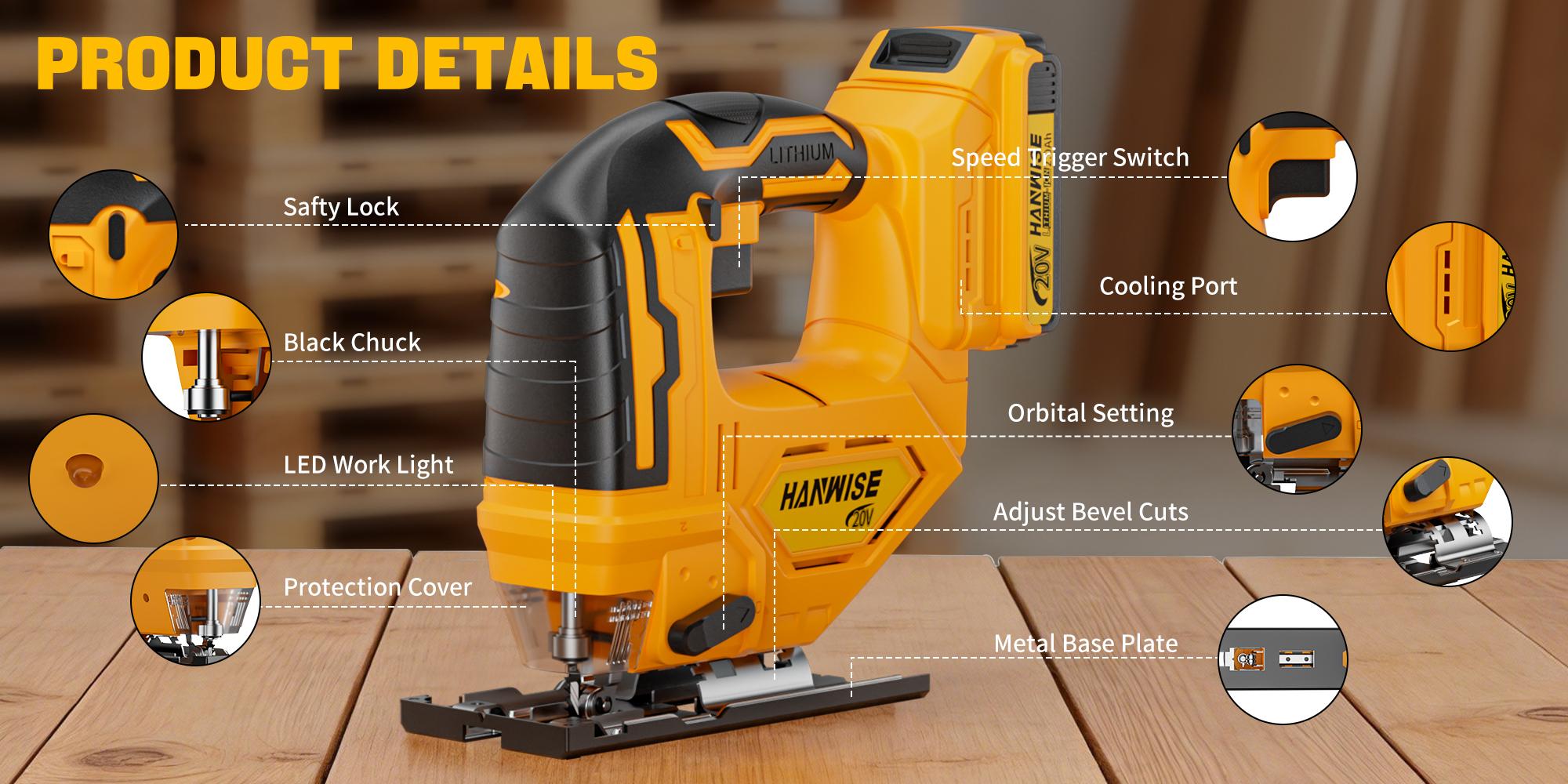 HANWISE wireless hinge saw, 3-speed track, 45 ° oblique cut, LED work light and safety button, tool free blade replacement, suitable for wood metal cutting for curved/straight/oblique/circular cutting, ergonomically designed