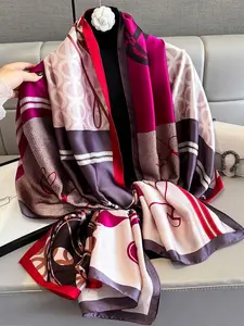 Spring Summer High-End Patchwork Colorblock Geometric Print Silk Scarf, Neck Warmer, Multifunctional Outerwear, Fashion Accessory