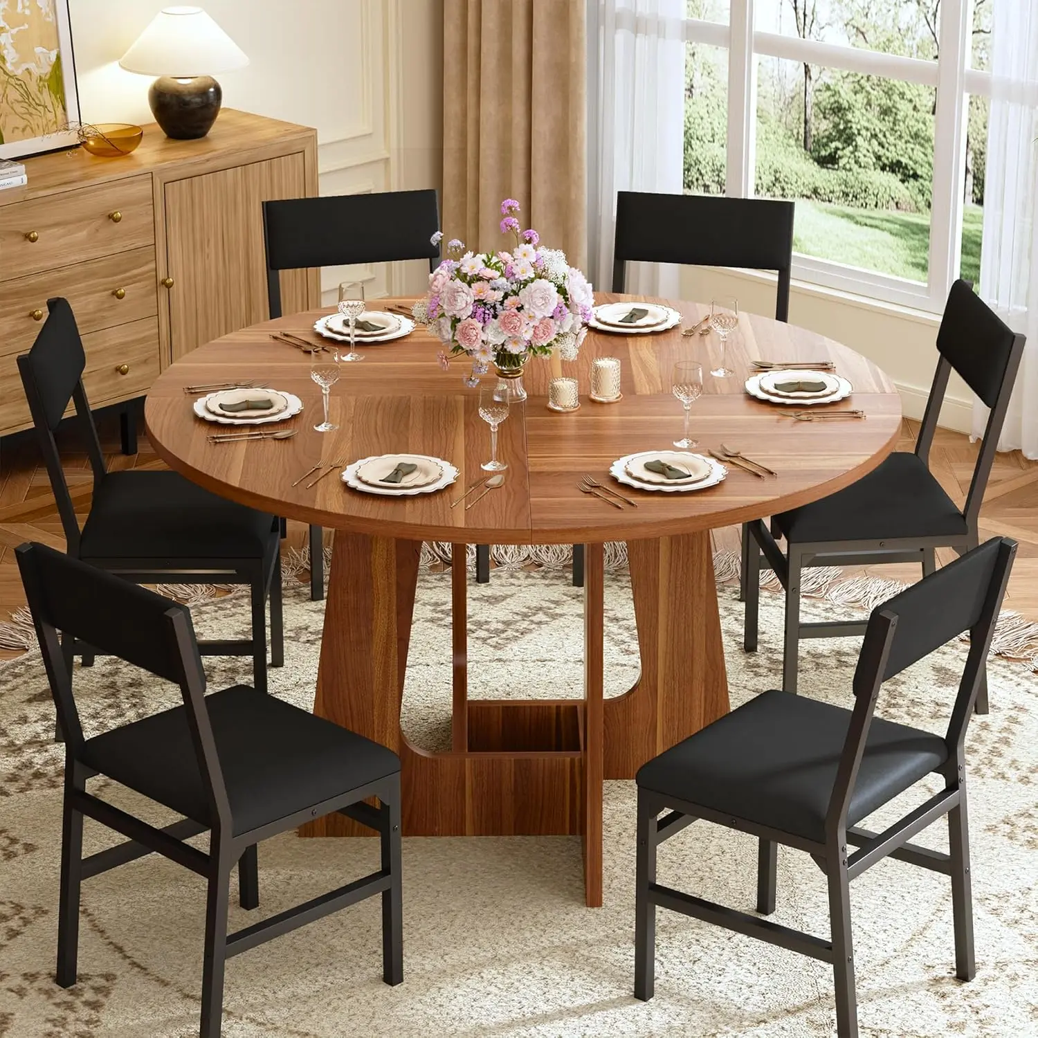 7-Piece Wooden Dining Set - 47'' Round Waterproof MDF Board Table with Wood Base, Space-Saving Indoor Furniture for Kitchen, Living Room, Modern Home Decor with Aesthetic Appeal, Assembly Required