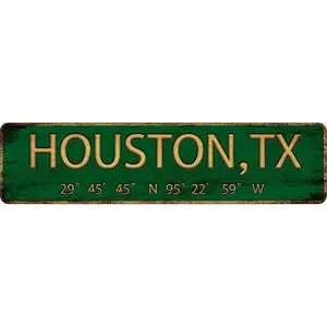 Vintage Metal Tin Sign HOUSTON,TX 4 x 16 inches, Street Sign for Home, Restaurant, Bar, Cafe, Garage - Retro Wall Decor Plaque