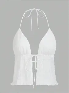 Spring Summer New Women's Vest Tank Top, Sexy Tie Front Drawstring Chest Binding, Pure Color Halter Neck Blouse