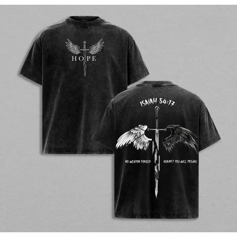 180g【100%cotton】valentine shirts Isaiah 54:17 Bible Verse T-Shirt Washed , No Weapon Formed Christian Shirt, Sword and Angel Wings Faith Streetwear Graphic Tee, HOPE Jesus Apparel Church Outfit Gym Pump Cover Retro Double-Sided Water Wash