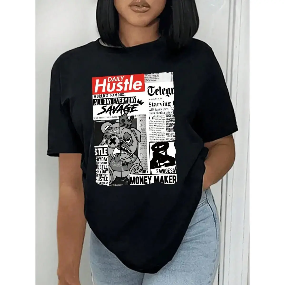 Women's Casual Newspaper Print Graphic T-Shirt - Streetwear Short-Sleeve Round Neck Top, Street
