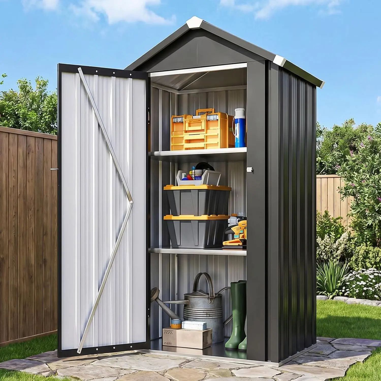 Aoxun Outdoor Storage Cabinet with Floor, Solid GarageStorage Cabinet with Adjustable Shelves, Metal Tool StorageCabinet for Patio, Garden, Black