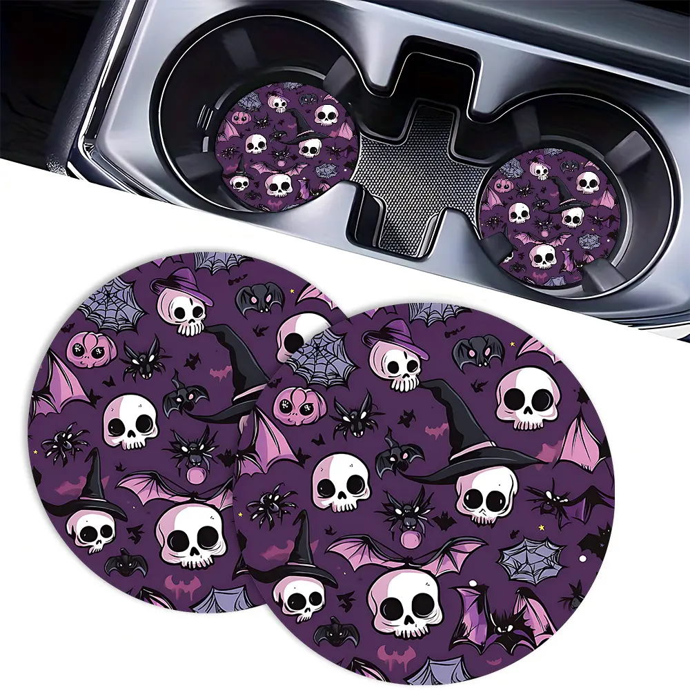 2pc Purple Gothic Halloween Car Cup Holder Coasters, Cute Bat Skull Witch Hat Car Coasters, Absorbent Rubber Anti-Slip Auto Cup Mat, Trendy Goth Car Decor Girl Gift
