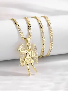 Fashionable Archangel Michael Pendant Necklace Cuban Link Chain, Luxurious Sparkling Gold Plated Zircon Religious Jewelry, Unisex Holiday Blessing Party Wear