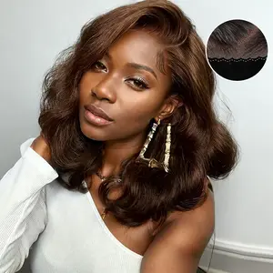 250% Density Pre-Styled Body Wave Glueless Layer Wavy Bob Wig Chocolate Brown Highlight Transparent Lace Ready To Go Wigs