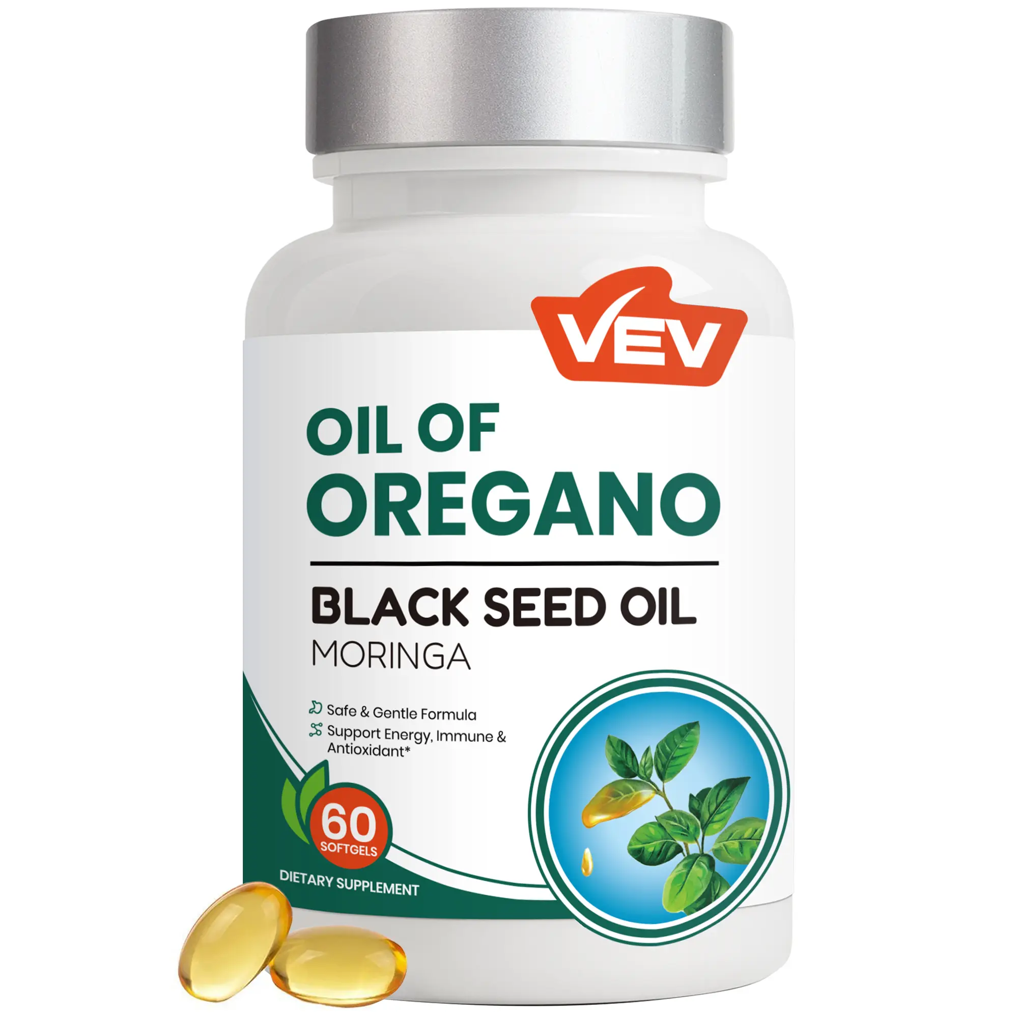 VEV Oil of Oregano 60 Softgels, with Black Seed Oil, Moringa and Ginger, Carvacrol-Rich, Aceite de Oregano, Edible Healthcare Dietary