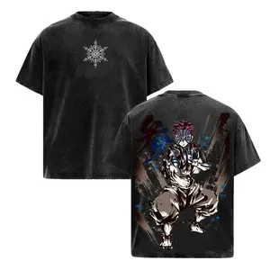 Men's Akaza Upper Rank 3 Demon Slayer Manga Villain Graphic Tee - Ribbed Round Neck, Seamless, Vintage Washed Oversized Soft Short-Sleeve Cotton Top for Casual Streetwear