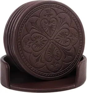 Drink Coasters,PU Leather Bar Beer Beverage Coaster for Drinks Set of 6 with Holder Coasters for Wooden Table Coffee Table Absorbent, Easy Clean Cup Coaster Easter Housewarming Gifts