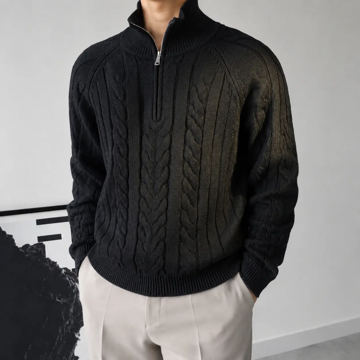 Mens Quarter Zip Sweater 1/4 Zip Pullover Cable Knit Half Zip Mock Neck Smart Casual Fall Winter Warm Cozy Knitwear Classic Business Travel Jumper Stand Collar S-XL Black Pullover Beige