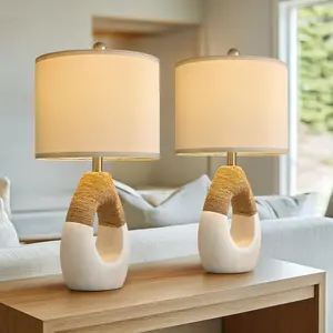 Boho Rattan Table Lamp Set Of 2 – 22 Inch Farmhouse Nightstand Lamp For Bedroom Living Room Office – Rustic Home Decor