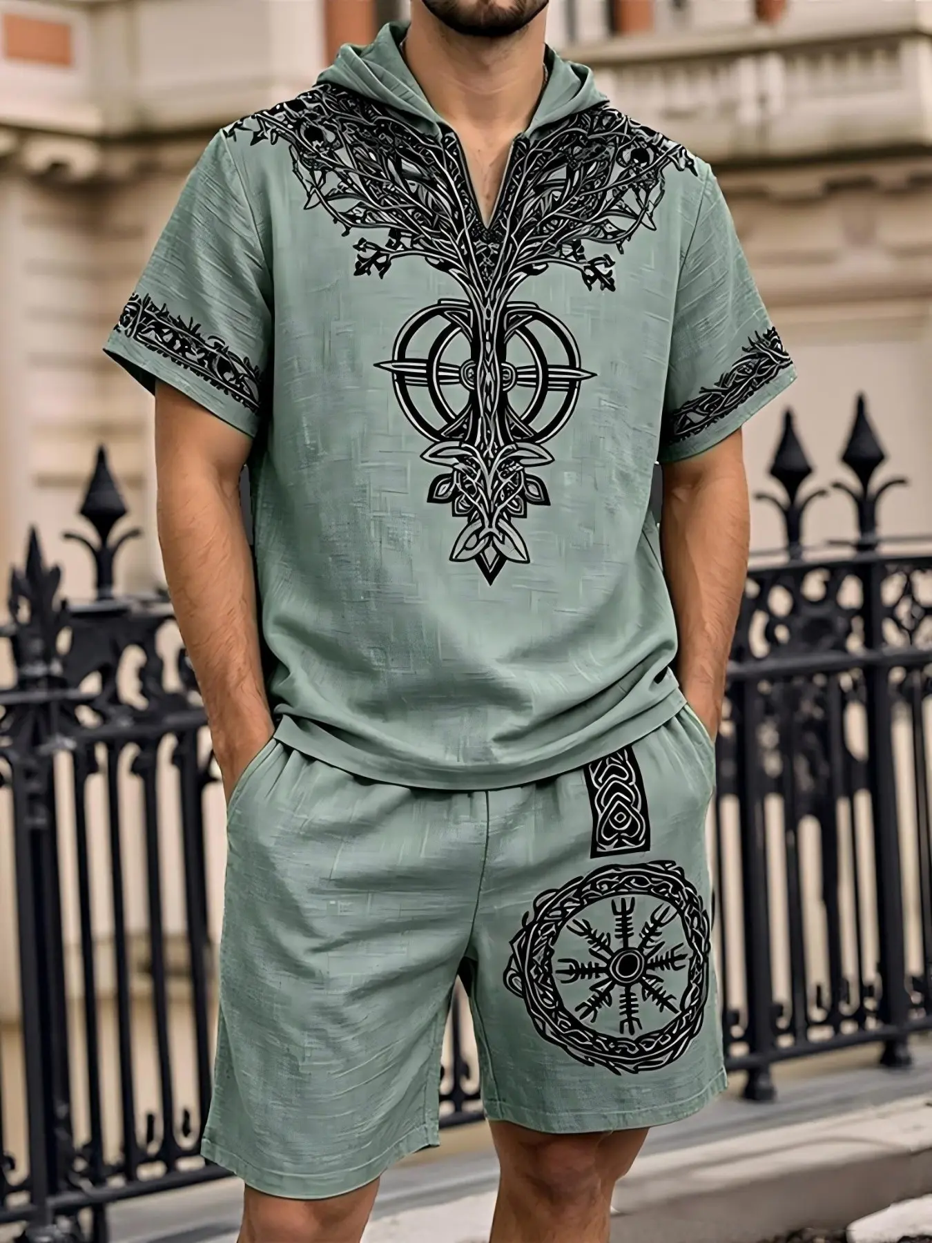 Men's Viking Life Tree Print Hooded T-Shirt Shorts Set, stylish and durable design, suitable for daily wear, ideal gift choice, versatile and fashionable accessory summer casual Nordic style two-piece outfit