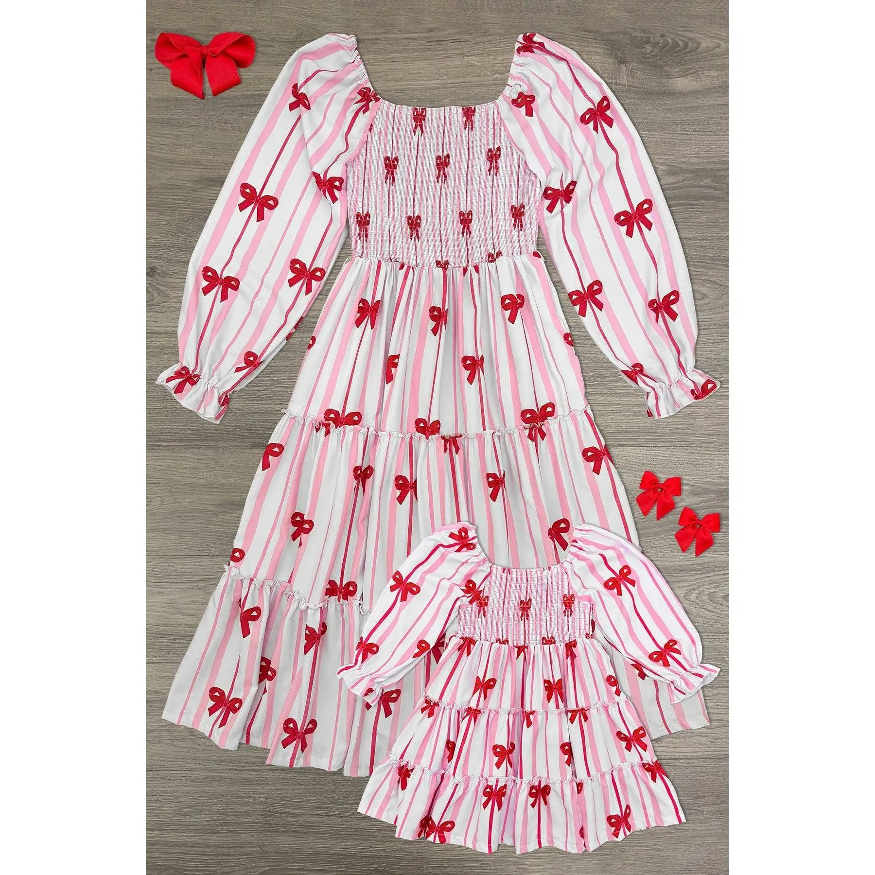 Family Clothing Sets - Mom & Me Comfy Soft Breathable Fabric Long Sleeve Striped Pink Bow Casual Women's Dresses