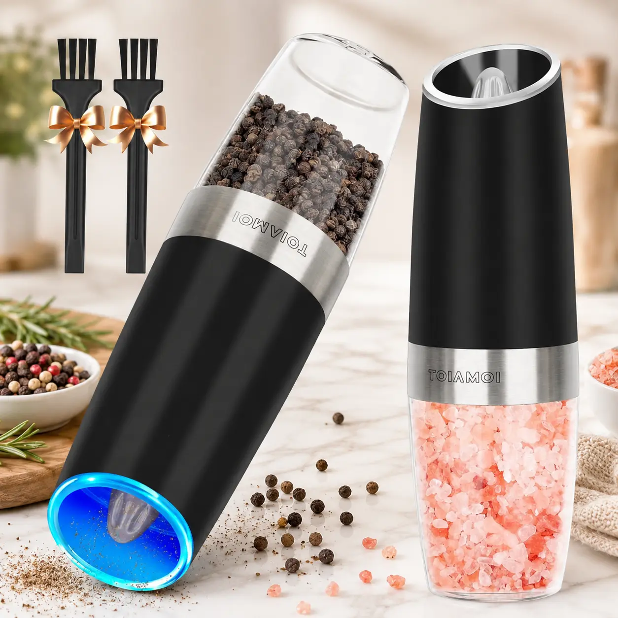Electric Pepper Grinder Set with Adjustable Coarseness, Automatic One-Hand Operation, Battery Powered Salt and Pepper Mills with LED Light & 2 Cleaning Brushes