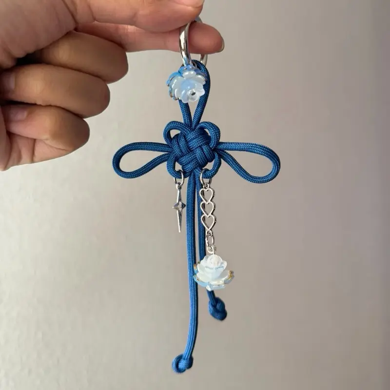 Botanical Blue Floral Lotus Fortune Knot Keychain: Handmade Chinese Lucky Charm