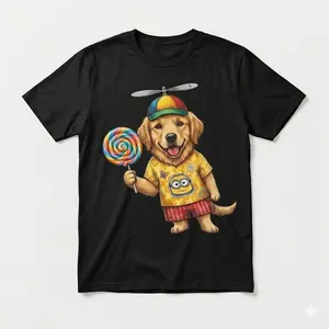 Retro Cartoon Dog Propeller Hat Graphic Tee for Men, Aesthetics Yellow Puppy Minion Print Oversized Black T-Shirt, Y2K E-Girl Streetwear Crewneck Top Cottagecore Aesthetic Happy Puppy T-Shirt with Lollipop