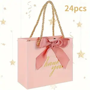 24 Pink Gift Bags With Gold String Handles And Satin Bows, Featuring An Elegant "Thank You" Design, Suitable For Birthdays, Weddings, Baby Showers, And Party Favors And Gift Sets