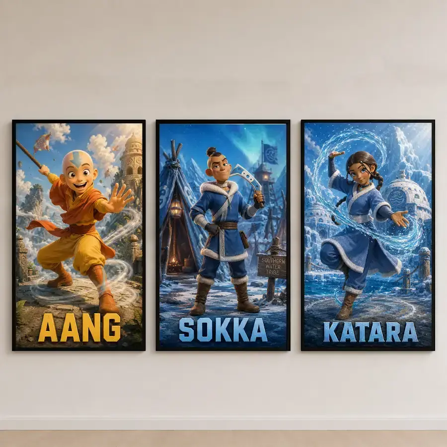 Avatar The Last Airbender Aang Sokka Katara 3 Panel Wall Art, Water Tribe & Air Nomad Anime Decor, Fantasy Poster Set