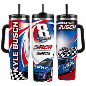 Kyle Busch Inspired 40oz-30oz Racing Fan Tumbler, Number 8 Red White Blue Stock Car Drinkware with Checkered Flag, Bottled Water Bottle Gift for Dad (Straw Not Included)