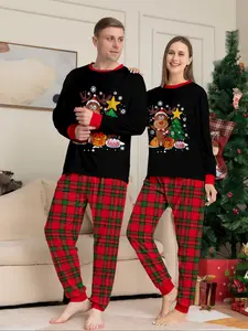 Men's & Women's Christmas Pajama Set, Long Sleeve Top & Pants, Cartoon Tree Reindeer Print, Plaid, Casual Fitted Sleepwear, Matching Pj Set