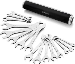 Super-thin Open End Wrench Set, SAE(5/16" to 1-1/16") & Metric(5.5mm to 27mm), 16-, Slim Spanner Wrench Set with Rolling Pouch