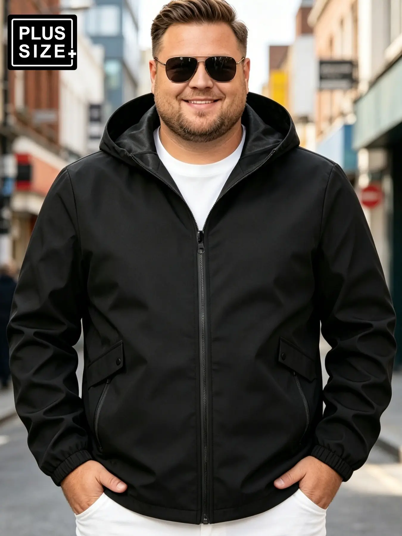 Men's Plus Size Hooded Windbreaker, Zipper Open Front Casual Jacket, Lightweight Breathable Spring Fall Streetwear Coat, Daily Wear & Outdoor