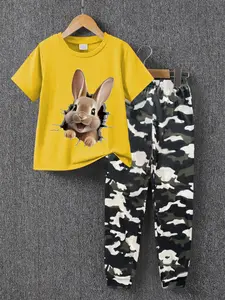 Boys' Summer Fashion Casual Short Sleeve T-Shirt & Comfortable Camo Sweatpants Set, Easter Series Bunny Pattern Print, Boy Clothes Gift
