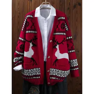 【PlusSize】ChristmasReindeerPrintSweaterCardigan,CasualLongSleeveKnitwearforWinter,Women'sPlusClothingforDailyWear