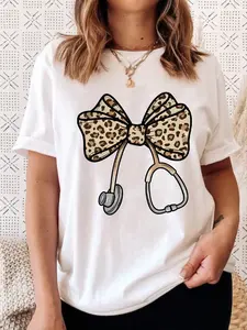 Women's Cute Nurse Leopard Print Bow Stethoscope Pattern Round Neck Drop Shoulder Loose Casual Short Sleeve T-Shirt Top, Healthcare Gift