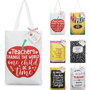 6 Sets Teacher Appreciation Gifts Canvas Tote Bags with Thank You Tags,ReusableTeacher Gift Bags Aesthetic Grocery Bag for Teacher Appreciation Week Women Graduation Office First Day of School Gifts