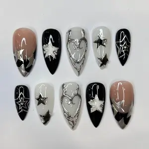 Freestyle Silver Stars Press On Nails, Elegant Fake Nails, Chrome Nails Art, Birthday Party Holiday Nails/ Valentine Nail Set