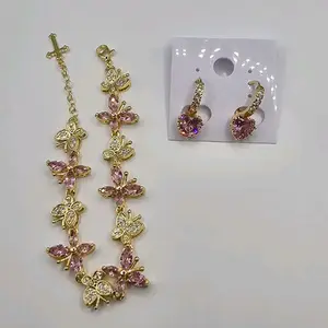 BUTTERFLIES beautiful set bracelet with hearts pink  hoops earrings  GOLD-PLATED fashion style