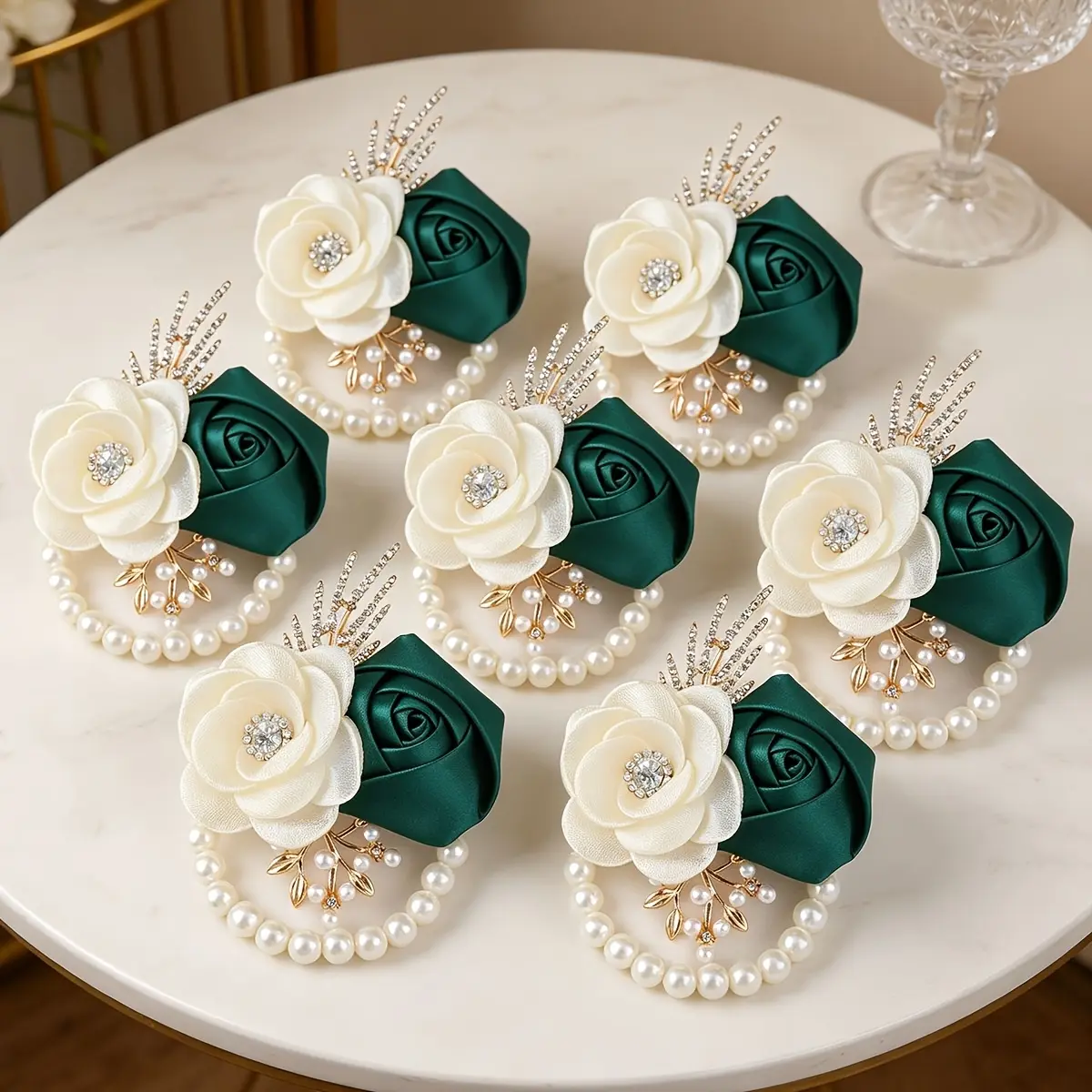 8pcs Set: and Dark Green Rose Wrist Corsages for Brides, Bridesmaids, Groomsmen, and Wedding Decorations. Suitable for Men's and Women's Parties. Includes Artificial Rose Accessories, Faux Pearl Bracelet Corsages, and Boutonnieres for Weddings