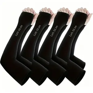 4 pairs of black nylon knit gloves with thumb holes - sun protection, cooling, unisex, suitable for golf, cycling, fishing, jogging - summer wear, summer gloves |   thumb hole sleeves |   silky nylon knit