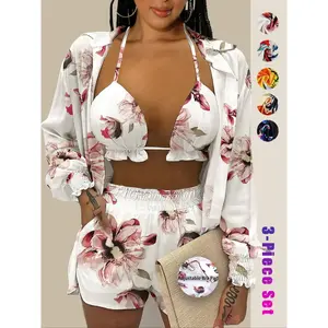 Women’s three-piece printed pleated camisole & shirt & shorts set; long-sleeve top, bohemian shorts, beach resort crop top; women’s summer wear; GARMENTARY women’s clothing