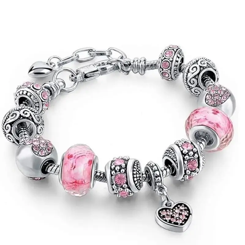 Women's Lightweight Pink Heart Pendant Bracelet Set, Trendy Stackable Beaded Jewelry, Adjustable Serpentine Chain Fashion Bangle, Teen Girl Gifts for Valentine’s Day & Layering Outfits (Bag Charm Accessory)